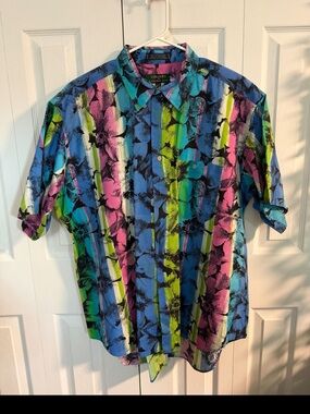 Alexander Julian Multi-Color Floral Stripe Short Sleeve Button-Down